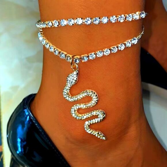 Anklet Gold Plated Simulated Diamond Snake Ankle Bracelet - Picture 4 of 4